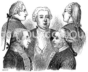 Zopftrachten (in der Mitte König Friedrich Wilhelm I. von Preußen, der Erfinder des Zopfes) [Digital]