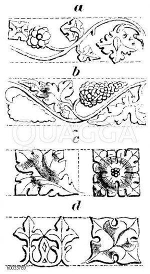 Formen des Tudorstils. Englisch-gothische Bauweise. Tudorblumen. Verzierung. Blumenwerk in den Simsen. a) von 1470, b, c) von 1480 [Digital]