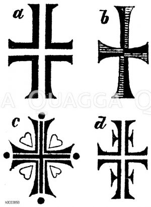 Gammadium. a, b, c) aus vier Gammas I zusammengesetztes Kreuz, d) Form aus vier F zusammengesetzt, als Turnerkreuz wiederaufgenommen [Digital]