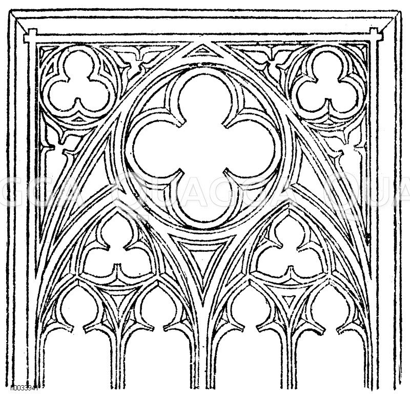 Gotischer Baustil. Füllung in Form eines in ein Viereck eingefügten Fensters mit alten und jungen Pfosten. Hauptformen dieses Maßwerkes: Pässe (Dreipässe, Vierpässe, Fünfpässe) Rosen, Fischblasen, Schneusen. [Digital]