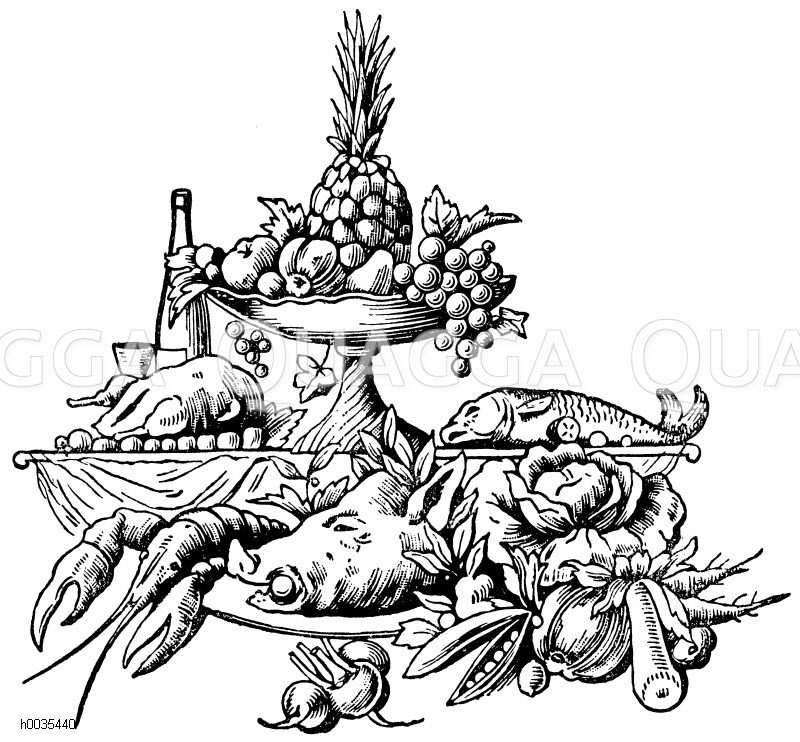 Etagere mit Lebensmitteln: Schweinskopf, Hummer, Fisch, Geflügel, Wein, Obst, Ananas, Weintraube, Apfel, Erbse, Wein [Digital]