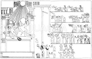 Chuenaten, von seiner Familie umgeben, verleiht vom Balkon seines Palastes aus dem Priester Ai und seiner Frau das "Gold". Nach Lepsius [Digital]