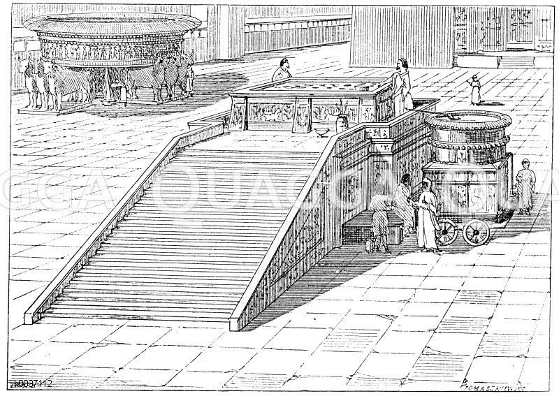 Brandopferaltar und das 'eherne Meer' im Dorfhof des Tempels zu Jerusalem. Wiederherstellung von Mangeaut [Digital]