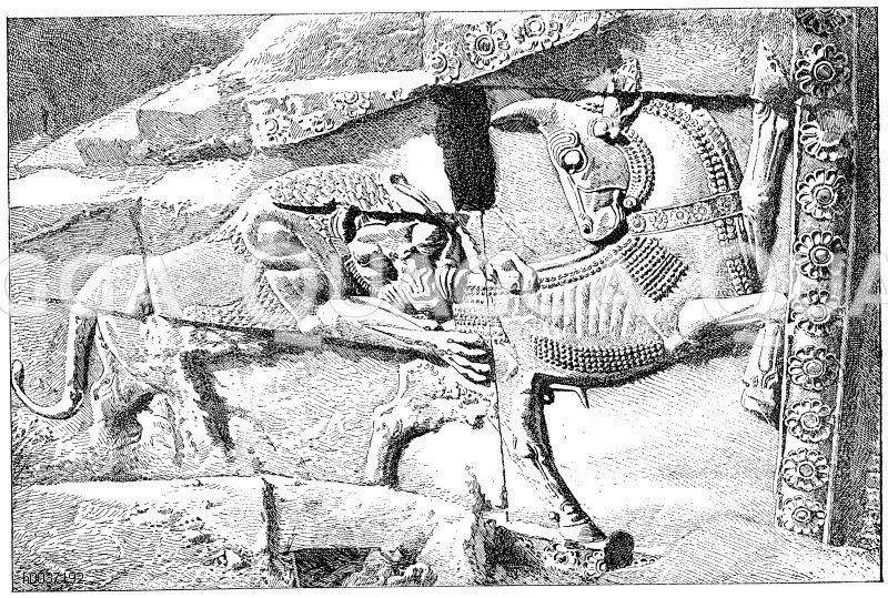 Löwe den Stier würgend. Relief an der Treppe des Xerxes zu Persepolis. Nach Perrot und Chipiez [Digital]