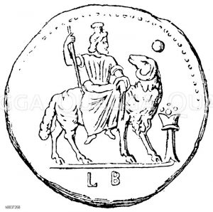 Zeus Ammon. Revers einer Bronzemünze von Alexandreia. Der Gott ist auf dem Widder sitzend dargestellt, mit dem Zepter in der Hand und dem Scheffel auf dem Haupt. Vor dem Widder ist ein Altar [Digital]
