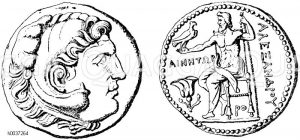 Silbermünze (Dierdrachmenstück) Alexanders des Großen. Original im Britischen Museum zu London. Auf der Vorderseite Herakles, auf der Rückseite des Thrones Zeus [Digital]