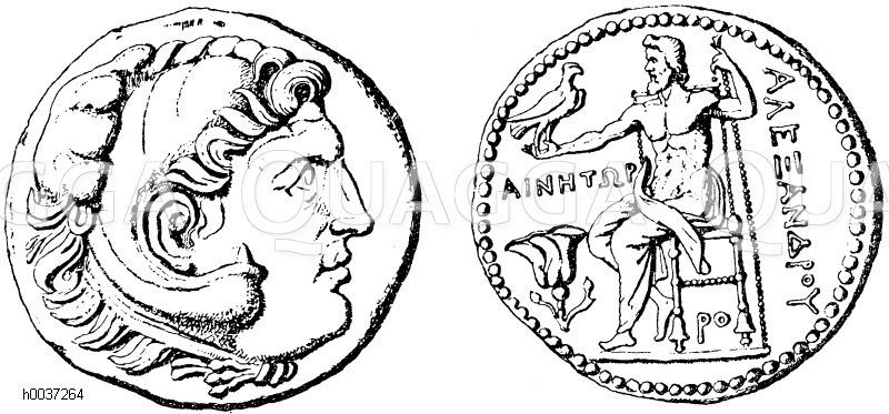 Silbermünze (Dierdrachmenstück) Alexanders des Großen. Original im Britischen Museum zu London. Auf der Vorderseite Herakles, auf der Rückseite des Thrones Zeus [Digital]