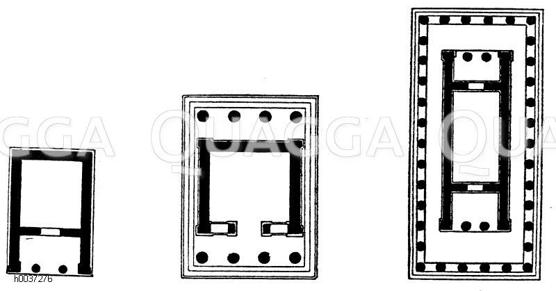 Themistempel in Rhamnus (templum in antis) (links), Niketempel in Athen (Amphiprostylos) (mitte), Theseion in Athen (Peripteros) (rechts) [Digital]