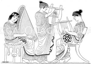Spiel auf Saiteninstrumenten. Griechisches Vasenbild. Die links sitzende Muse spielt die Gambuta, die mittlere die Rithara, welche man stehend zu spielen pflegte, die dritte die Lyra [Digital]