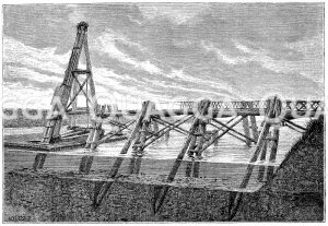 Cäsars Rheinbrücke. Schnitt durch das Wasser und den Boden zur Veranschaulichung der Anordnung der Pfähle [Digital]