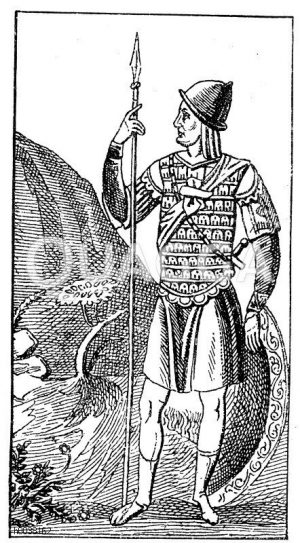 Byzantinischer Krieger des 10. Jahrhunderts, bekleidet mit dem Panzerhemd und der Metallhaube, bewaffnet mit Schild und Lanze [Digital]