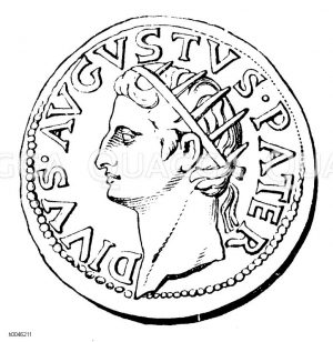 Augustus (geb. 23. September 63 v. Chr., gest. 19. August 14 n. Chr.), erster römischer Kaiser, auf einer Münze [Digital]
