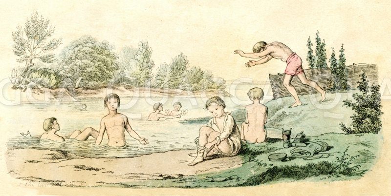 Kinder baden am Fluss Zeichnung/Illustration