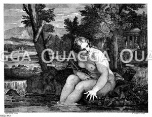 Diana im Bade. Französischer Kupferstich von L. Desplaces nach Carlo Maraty um 1710 Zeichnung/Illustration