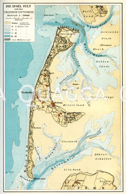 Insel Sylt und das umliegende Wattenmeer.  Maßstab 1:200.000