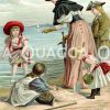 Drei kleine Mädchen spielen am Strand im Sand. Mutter mahnt. Aus einem Kindermagazin des 19. Jahrhunderts Zeichnung/Illustration