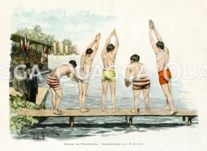 Fünf junge Männer beim Startschuss zum Wettschwimmen Zeichnung/Illustration