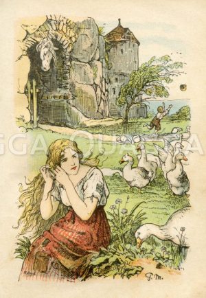 Gänsemagd. Mädchen mit Gänse und dem Kopf des Pferdes Fallada im Hintergrund. Grimms Märchen Zeichnung/Illustration