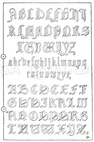 1. Gotisches Alphabet in Frakturschrift aus dem Jahre 1467. (Hrachowina). 2. Gotisches Alphabet in Frakturschrift. (Das Alphabet ist nicht einheitlich