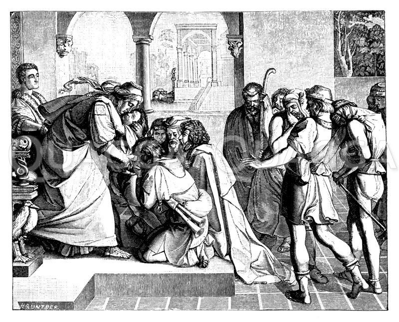 Josephs Begegnung mit seinen Brüdern. Von Peter von Cornelius Zeichnung/Illustration