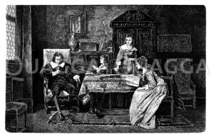 John Milton diktiert seiner jünsten Tochter 'Das verlassene Paradies'. Von Michael Muntaczy Zeichnung/Illustration