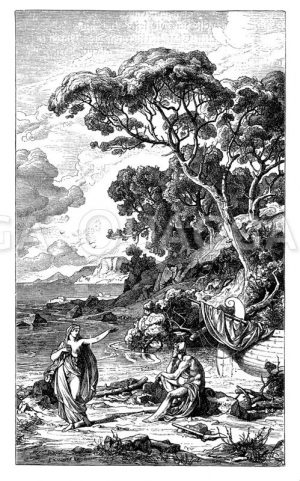 Odysseus bei der Nymphe Kalypso. Von Friedrich Preller. Aus dem Zyklus der Odysseelandschaften