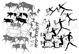 Buschmannjagd auf Wildrinder Zeichnung/Illustration