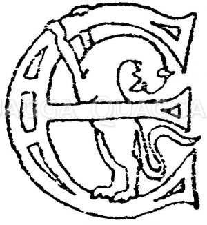 Romanische Schrift: Buchstabe E. Initial aus dem Jahr 990. Echternacher Evangeliar in der Bibliothek zu Gotha. (Lamprecht). Zeichnung/Illustration