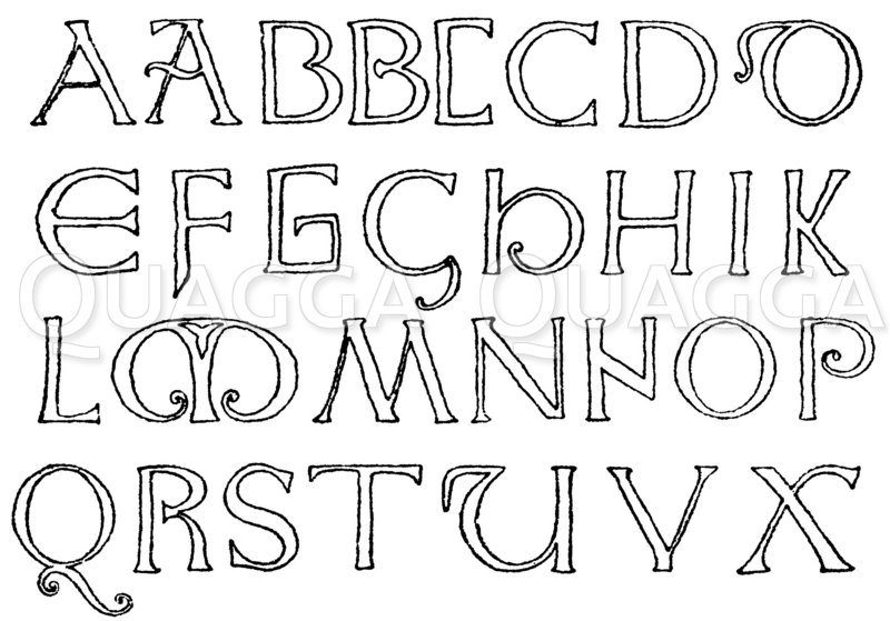 Romanische Schrift: Alphabet aus dem Anfang des 8. Jahrhunderts. Evangeliar des heiligen Cuthbert. Britisches Museum. (Shaw) Zeichnung/Illustration