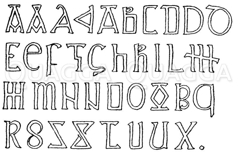 Romanische Schrift: Alphabet aus dem 10. Jahrhundert. Manuskript im Britischen Museum. (Shaw) Zeichnung/Illustration