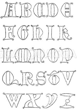 Gotische Unzialschrift: Alphabet aus dem Jahr 1349. Margaretenkirche in Lynn-Regis. England. (Shaw) Zeichnung/Illustration