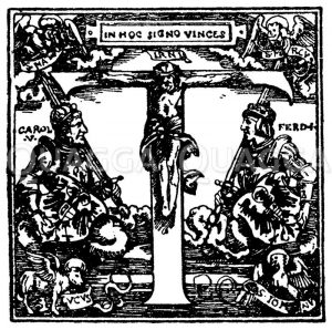 Lateinisches Initial: Buchstabe T. Renaissanceinitial aus dem Jahr 1537. (Hrachowina) Zeichnung/Illustration