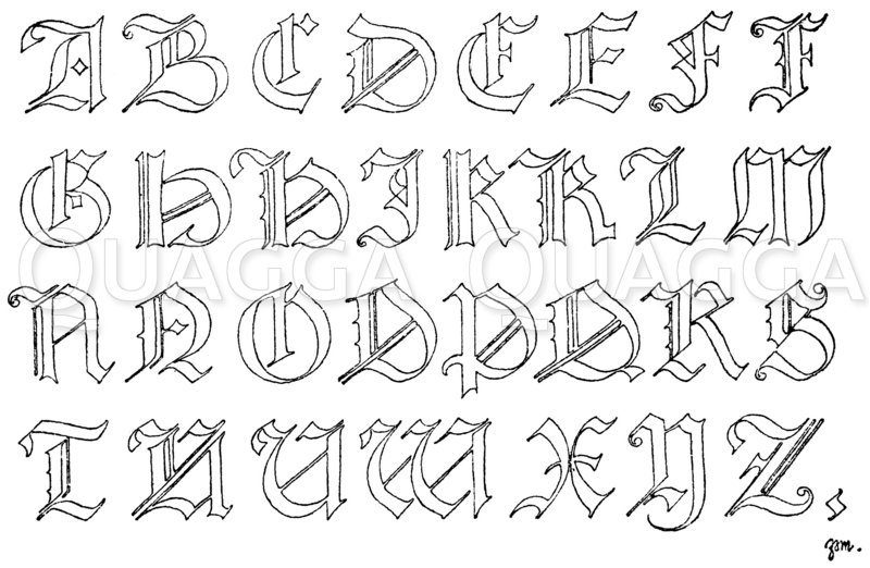 Gotisches Alphabet in Frakturschrift aus dem Jahre 1467. (Hrachowina) Zeichnung/Illustration