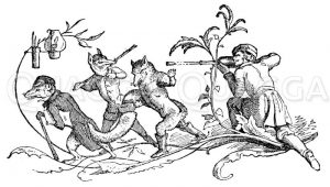 Jäger und vermenschlichte Füchse Zeichnung/Illustration