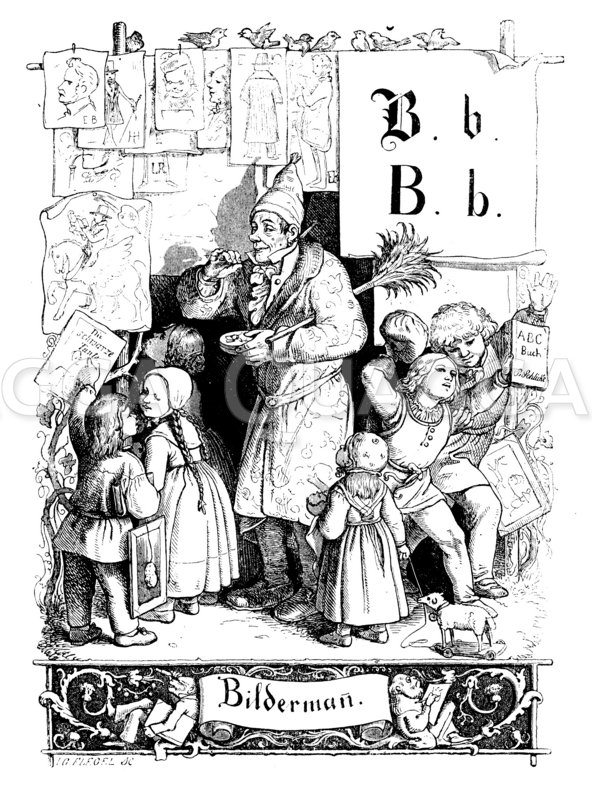 Bildermann. Bildverkäufer auf dem Markt Zeichnung/Illustration