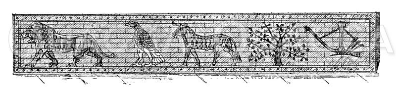 Löwe, Adler, Stier, Fruchtbaum und Pflug. Fries aus bemalten Ziegeln in
