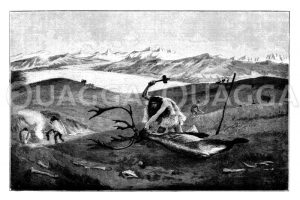 Rentierjagd in der Moränenlandschaft Oberschwabens in der letzten Eiszeit Zeichnung/Illustration