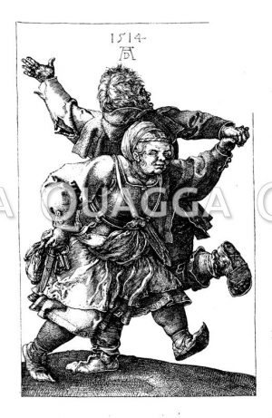 Tanzendes Bauernpaar. Nach einem Kupferstich von 1514 von Albrecht Dürer
