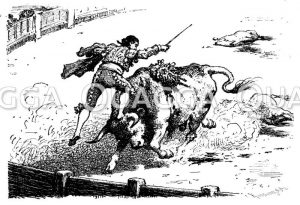 Stierkämpfer auf dem Boden im Kampf mit dem Stier