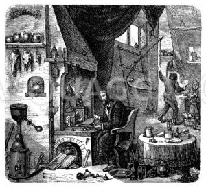 Laboratorium eines Alchimisten. Nach einem Gemälde von David Teniers