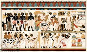 Altägyptische Malerei. Nubische Häuptlinge bringen dem ägyptischen König ihre Geschenke