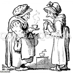 Zwei alte Damen mit Kaffee und Zuckertüte