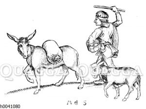 Mann und Esel auf dem Wege zur Mühle