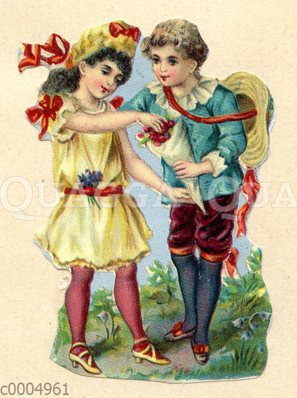 Glanzbild: Junge und Mädchen mit einer Tüte voller Kirschen