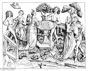 Eine Gesellschaft im Garten. Schachspiel. 15. Jahrhundert