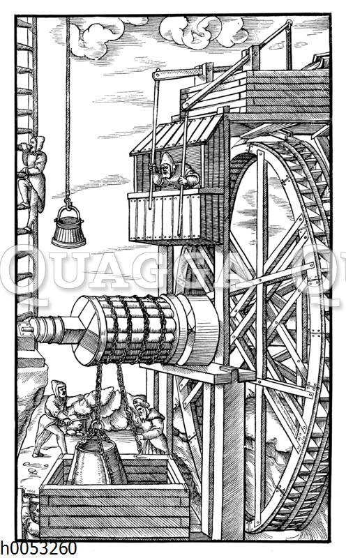 Durch Wasserkraft betriebene Förderanlage eines Bergwerks