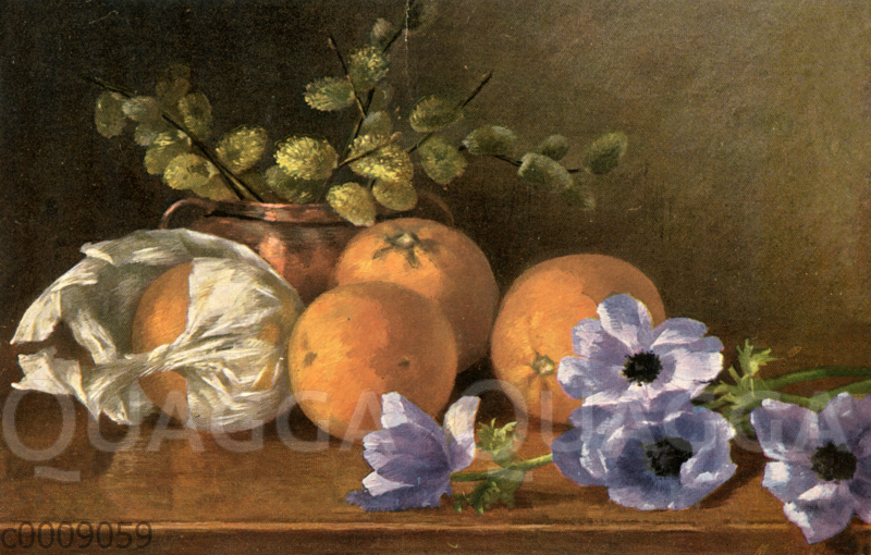 Stillleben mit Orangen und blauen Anemonen