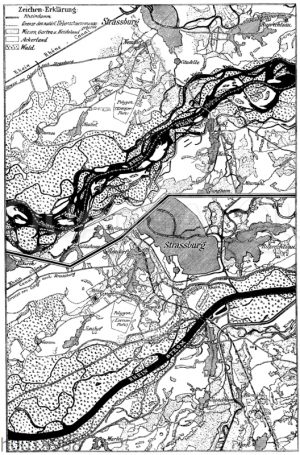 Rheinlauf bei Straßberg-Kehl vor der Korrektion (oben) und danach (unten) (nach Honsell)