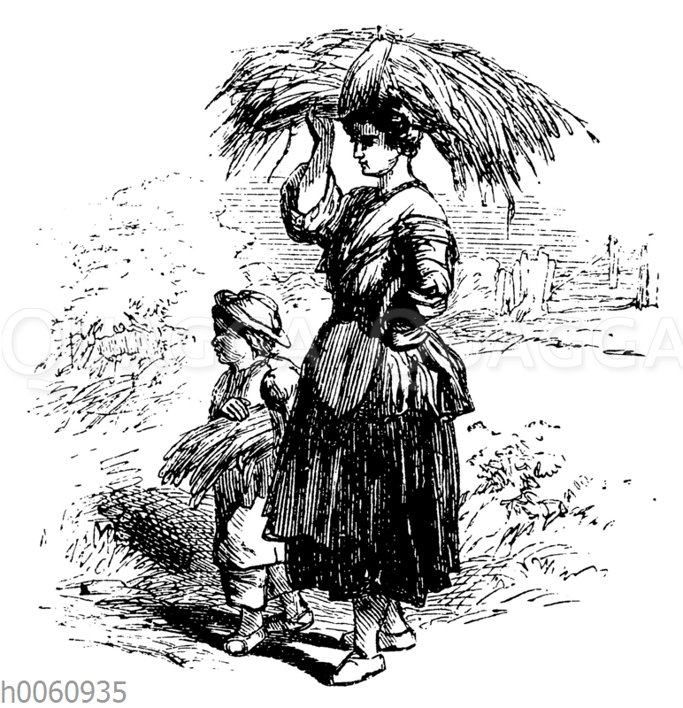 Frau und Junge tragen Garben auf dem Kopf