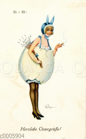 Osterkarte: Junge Frau in Osterei-Kostüm